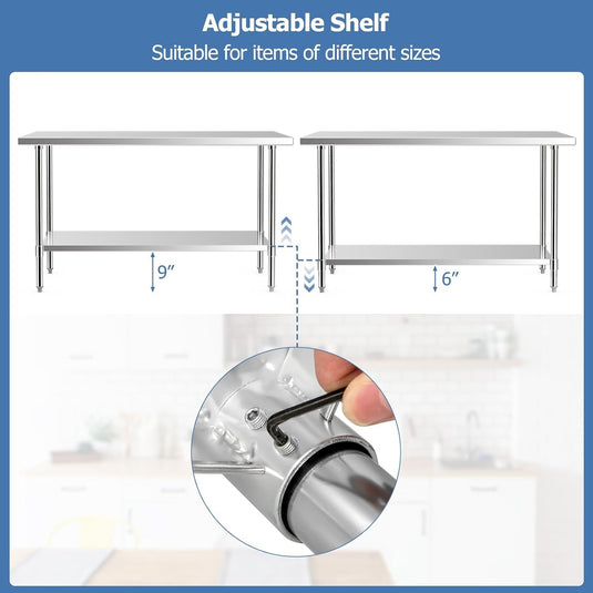 Goplus Stainless Steel Table with Wheels, 60” x 24” Rolling Kitchen Prep Table Work Table with Height Adjustable Under Shelf