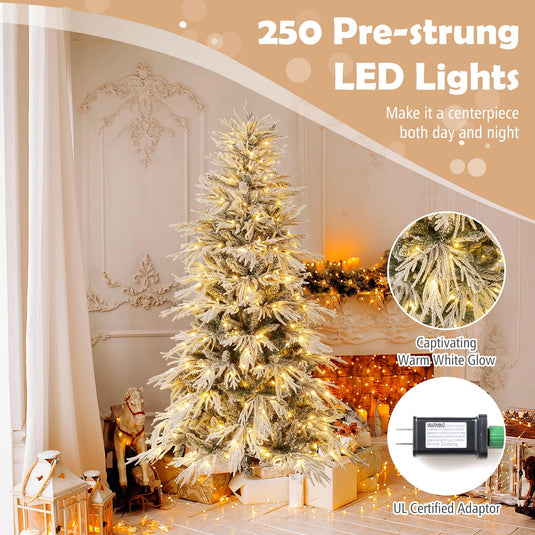 Goplus 6FT / 7FT / 8FT Pre-Lit Snow Flocked Christmas Tree with PE & PVC Mixed Branch Tips