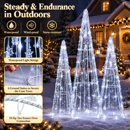 Goplus Christmas Tree Decoration | Set of 3 Lighted Glittered Cone Trees