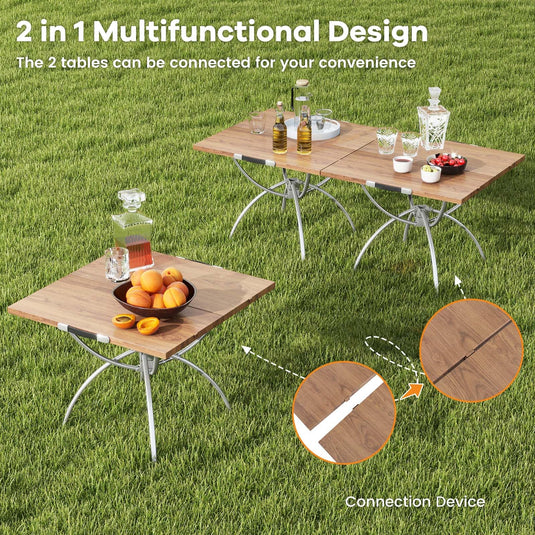 Goplus Aluminum Camping Table, 2 PCS Folding Picnic Tables w/Extendable Design, Wood-Grain Tabletop