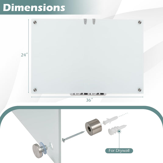 Goplus 36" x 24" Magnetic Glass Whiteboard Dry Erase Board with Eraser