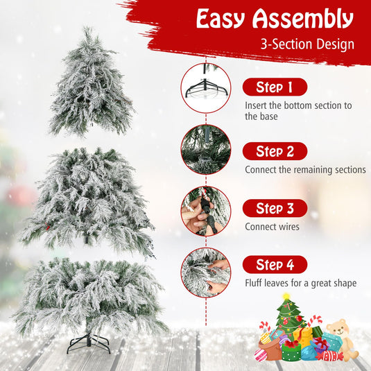 Goplus 6ft Pre-Lit Snow Flocked Christmas Tree, Artificial Hinged Full ...