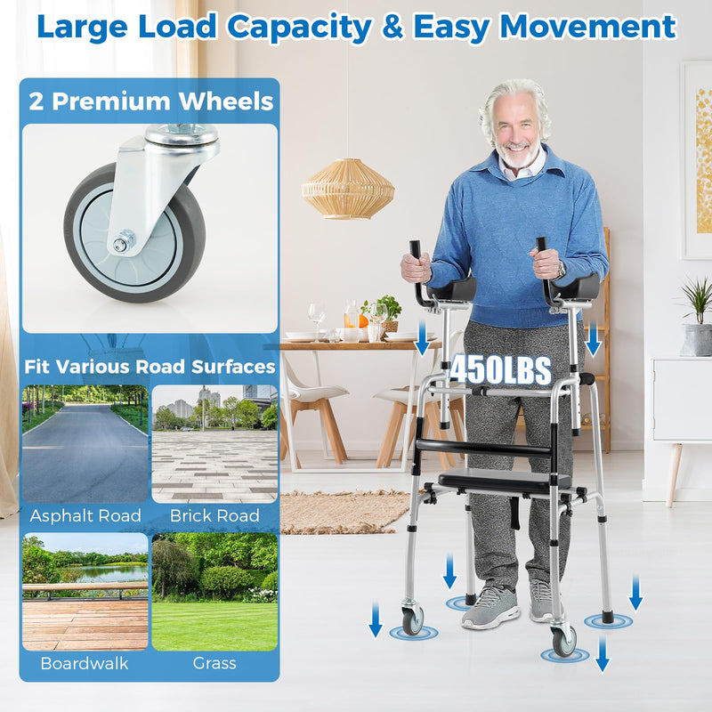 Load image into Gallery viewer, Goplus Folding Walker 450 Lbs Foldable Standard Walker with 5&#39;&#39; Wheels Seat and Removable Armrests

