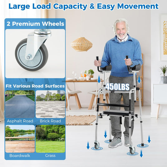 Goplus Folding Walker 450 Lbs Foldable Standard Walker with 5'' Wheels Seat and Removable Armrests
