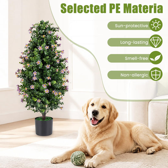 Goplus Set of 2 Artificial Topiary Trees | 3 FT Fake Bushes w/ Round Leaves and Blossoms