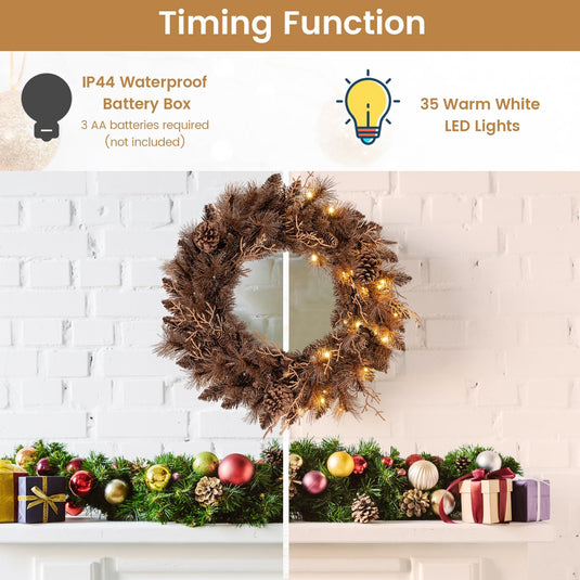 24 Inch Pre-lit Christmas Wreath with 105 Branch Tips and 35 Warm White LED Lights-1 piece
