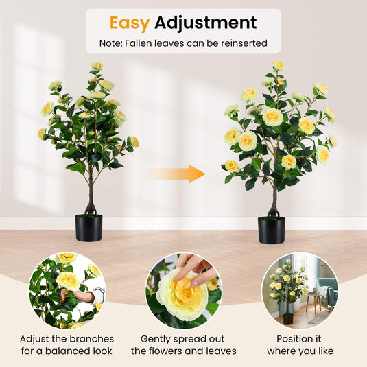 Goplus 35.5" Artificial Camellia Tree Faux Floral Plant Blooming Tree in Cement Pot