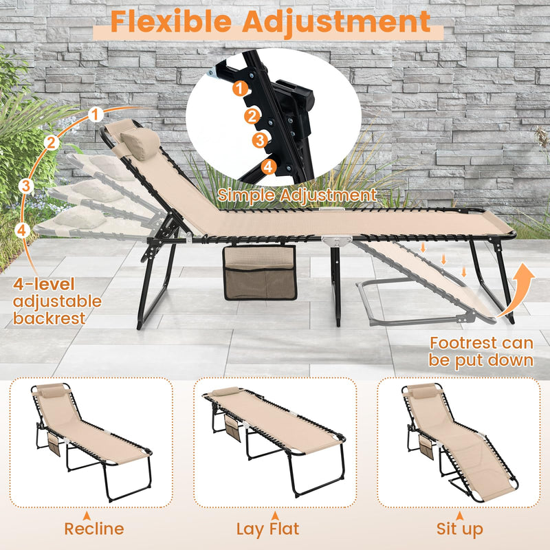 Load image into Gallery viewer, Goplus Beach Lounge Chair, Folding Chaise Lounger with Detachable Pillow &amp; Adjustable 4-Level Backrest &amp; 2-Level Footrest
