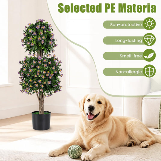 Goplus Set of 2 Artificial Topiary Trees | Realistic Evergreen Plant w/ 2 Topiary Balls and Blossoms