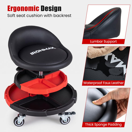 Goplus 360° Rolling Mechanic Stool with 2 Tool Storage Trays