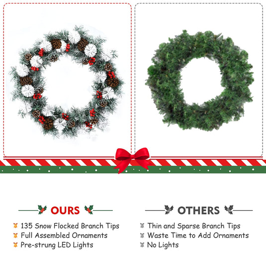 Goplus 30” Pre-lit Christmas Wreath Snow Flocked Lighted Xmas Wreath w/ 50 LED Lights