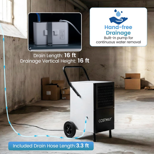 189 Pints Commercial Dehumidifier with Pump, 3.3Ft Drain Hose & Wheels