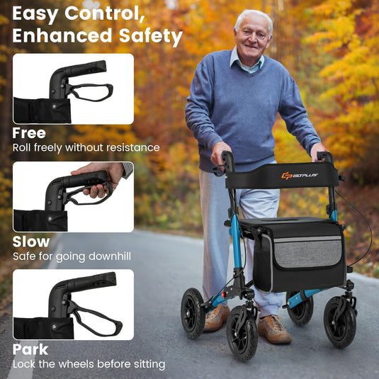 Goplus Walkers for Seniors with Seat 2 in 1 Folding Rolling Rollator Walker with 9" Pneumatic Tires for All Terrain