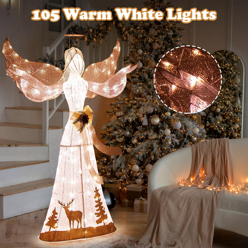 Load image into Gallery viewer, Goplus Pre-lit 3D Glittered Angel with 100 Warm White Lights Halo Bow Ground Stakes
