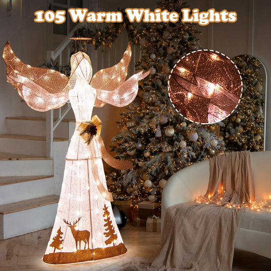 Goplus Pre-lit 3D Glittered Angel with 100 Warm White Lights Halo Bow Ground Stakes