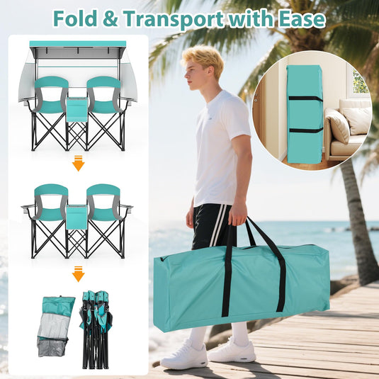 Goplus Double Beach Chair w/Roll-up Shade Cooler Bag Cup Holders Carrying Bag