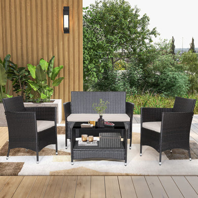 Goplus 4PCS Patio Rattan Furniture Set Armrest Cushion Sofa Coffee Table W/Shelf Garden