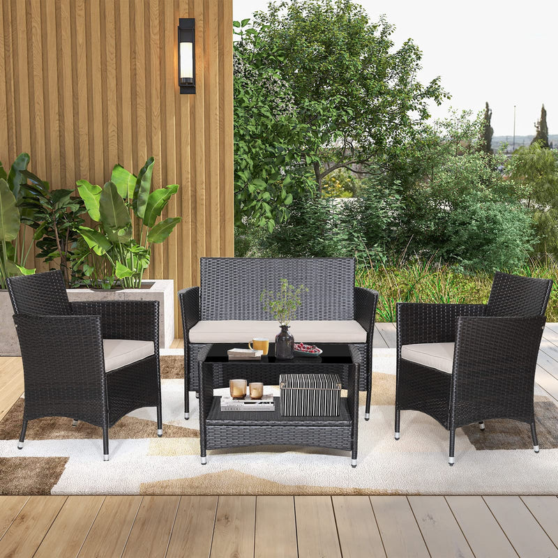 Load image into Gallery viewer, Goplus 4PCS Patio Rattan Furniture Set Armrest Cushion Sofa Coffee Table W/Shelf Garden
