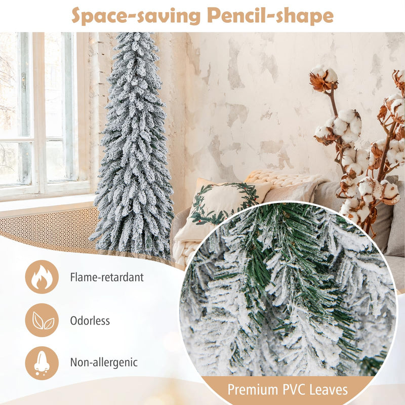 Load image into Gallery viewer, Goplus 6ft Pre-Lit Flocked Christmas Tree, Artificial Slim Pencil Xmas Tree with 250 LED Lights
