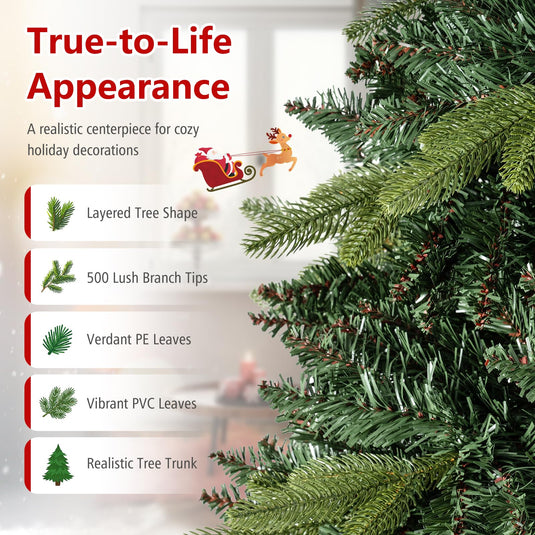 Goplus 5ft/6ft/7ft/8ft Artificial Christmas Tree | Hinged Unlit Full Xmas Tree with Realistic Tree Trunk & Folding Metal Stand