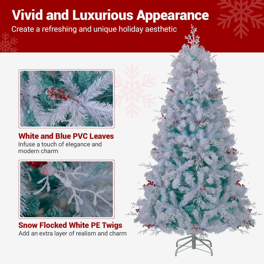 Goplus 6FT / 7FT Hinged Lighted Xmas Tree with Snow Flocked Branch Tips & LED Lights