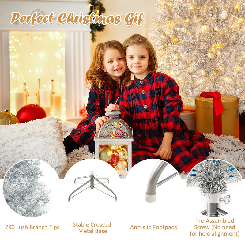 Load image into Gallery viewer, Goplus 6ft Pre-lit Silver Pencil Christmas Tree, Artificial Tinsel Electroplated Tree, Decor for Home
