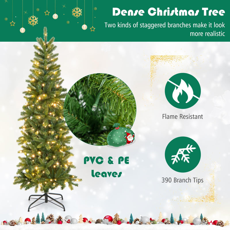 Load image into Gallery viewer, Goplus 5ft Pre-Lit Pencil Christmas Tree, Hinged Artificial Slim Tree with 390 PVC PE Branch Tips
