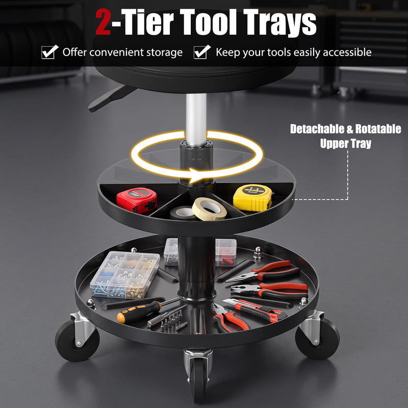Load image into Gallery viewer, Goplus Swivel Rolling Mechanic Stool w/2-Tie Tool Trays | 360° Garage Shop Chair
