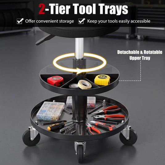 Goplus Swivel Rolling Mechanic Stool w/2-Tie Tool Trays | 360° Garage Shop Chair