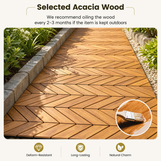 Goplus 30-Pack Acacia Wood Interlocking Deck Tiles (Chevron) | Floor Tiles for Patio, 30 sq. ft