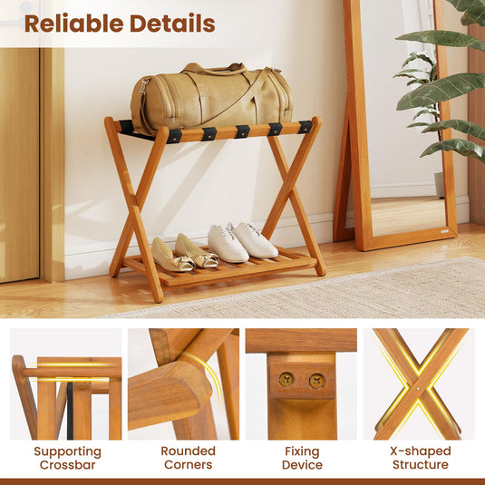 Goplus Luggage Rack Set of 2 or 4 Folding Acacia Wooden Suitcase Stand