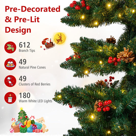 Goplus 6FT / 7FT Pre-Lit Spiral Christmas Tree with Branch Tips Pine Cones Red Berries