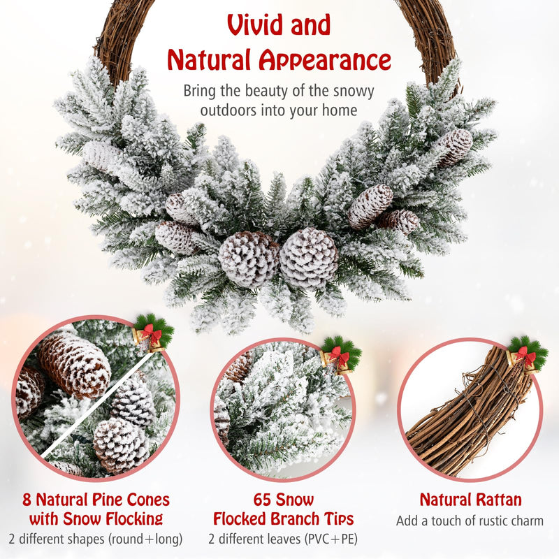 Load image into Gallery viewer, Goplus 24” Pre-Lit Artificial Christmas Wreath, Snow Flocked Xmas Wreath with 35 Battery Operated Warm White LED Lights
