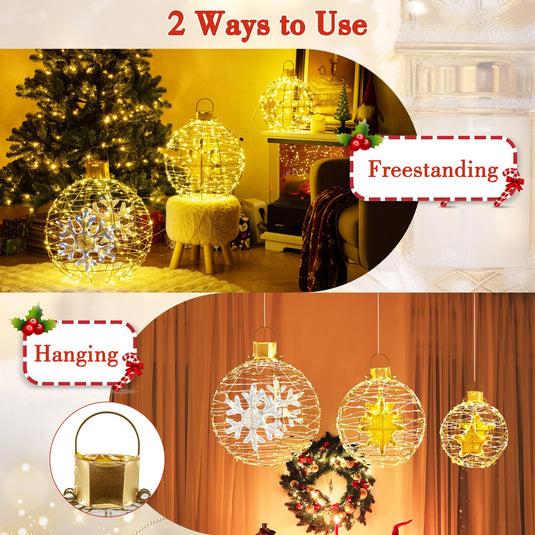 Goplus 3 PCS Pre-Lit Lantern Balls, Hanging/Standing Christmas Ornaments with 732 Bright LED Lights, Zip Ties & Ground Stakes