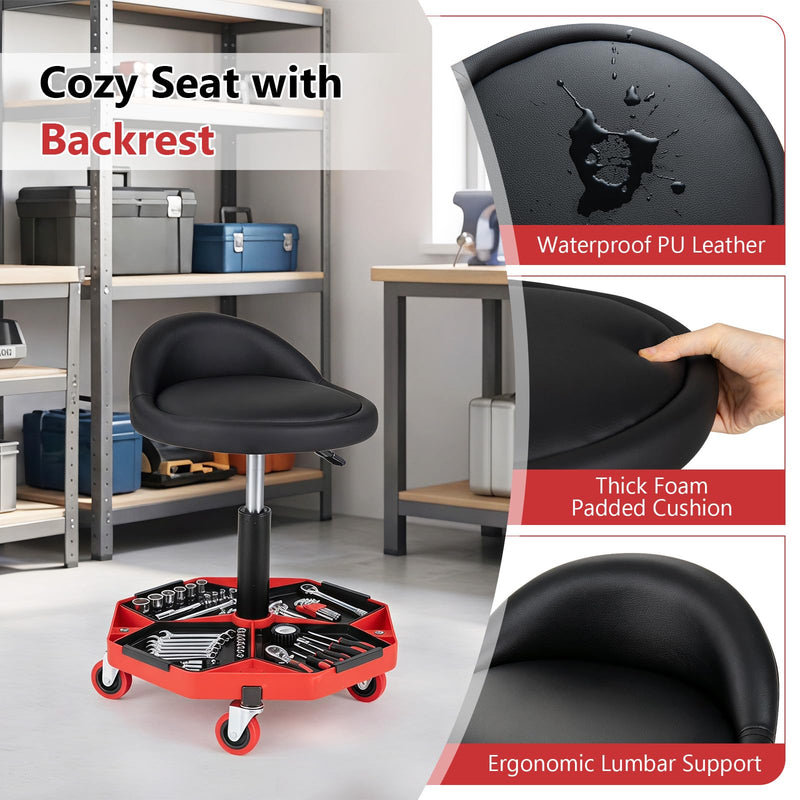 Load image into Gallery viewer, Goplus Rolling Mechanic Stool with Tool Storage Tray | PU Leather Seat Cushion
