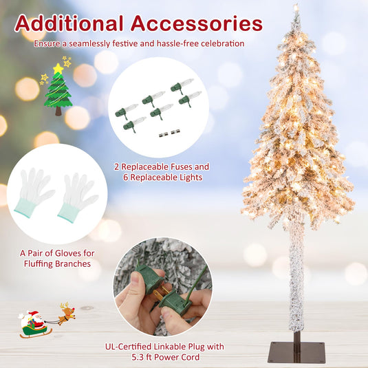 Goplus 6ft Pre-Lit Slim Pencil Christmas Tree Artificial Snow Flocked Xmas Tree