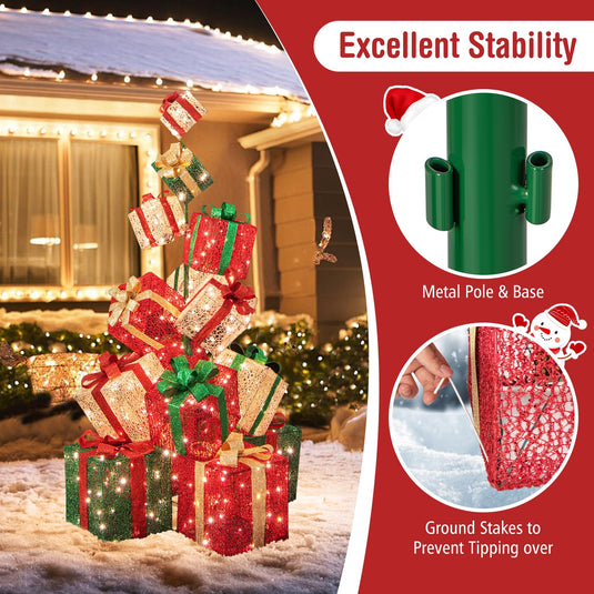 Goplus 15 Pieces Stackable Pre-lit Lighted Boxes Tower w/ 450 Warm White Lights