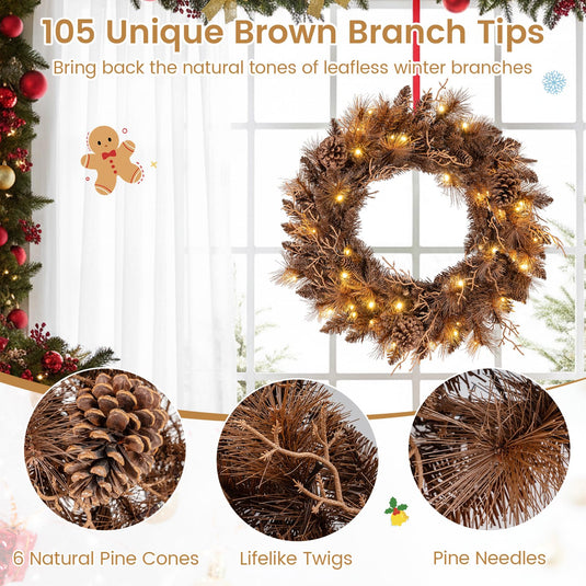 24 Inch Pre-lit Christmas Wreath with 105 Branch Tips and 35 Warm White LED Lights-1 piece