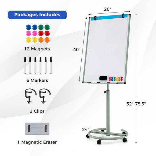 Goplus 40” x 26” Height-Adjustable Dry Erase Board on Wheels with Round Stable Stand
