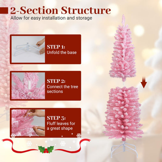 Goplus 5ft / 6ft Pink Slim Pencil Christmas Tree | Snow Flocked Skinny Xmas Full Tree