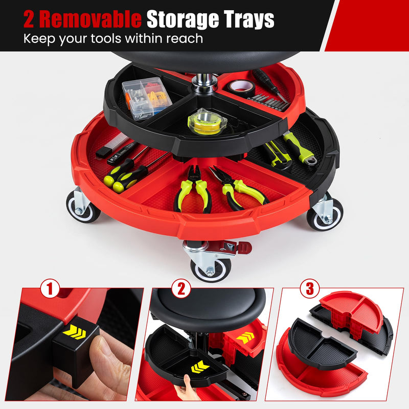 Load image into Gallery viewer, Goplus 360° Rolling Mechanic Stool with 2 Tool Storage Trays
