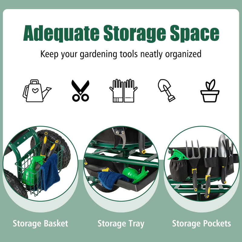 Load image into Gallery viewer, Goplus Rolling Garden Cart, Garden Scooter with Seat &amp; Tool Storage, Outdoor Gardening Workseat
