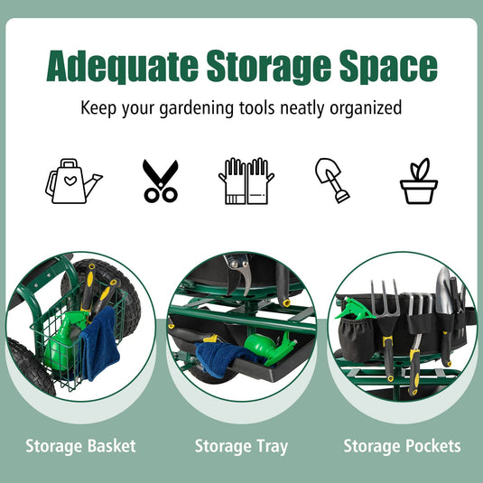 Goplus Rolling Garden Cart, Garden Scooter with Seat & Tool Storage, Outdoor Gardening Workseat