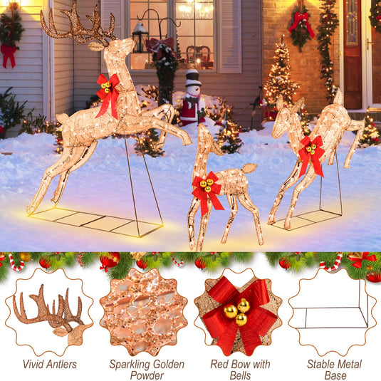 Goplus 3 Pieces Light up Christmas Reindeers Pre-lit Glittering Reindeer Family Set