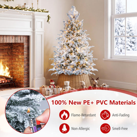 Goplus 5ft/6ft/7ft/8ft Pre-Lit Snow Flocked Christmas Tree with LED Lights | Snowy Holiday Decoration Tree for Home