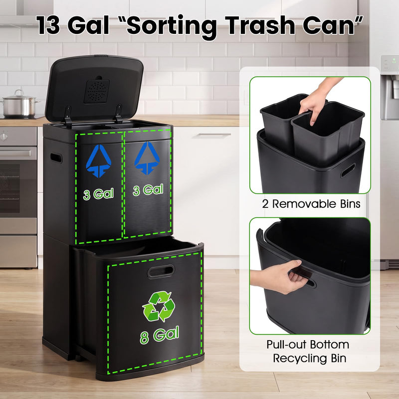 Load image into Gallery viewer, Goplus 13 Gal Stainless Steel Kitchen Trash Can w/Recycling Bin
