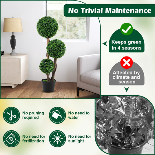 Goplus 3ft Artificial Boxwood Topiary Ball Tree, Faux Potted Plants with Solid Wood Trunks