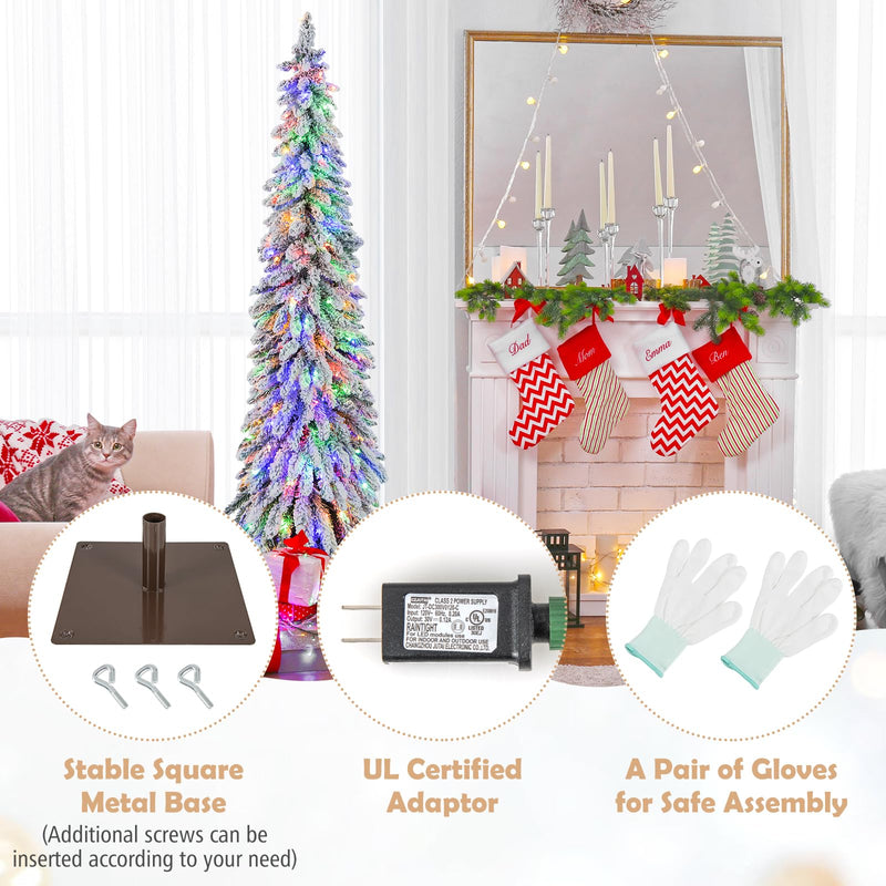 Load image into Gallery viewer, Goplus 6ft Pre-Lit Flocked Christmas Tree, Artificial Slim Pencil Xmas Tree with 250 LED Lights
