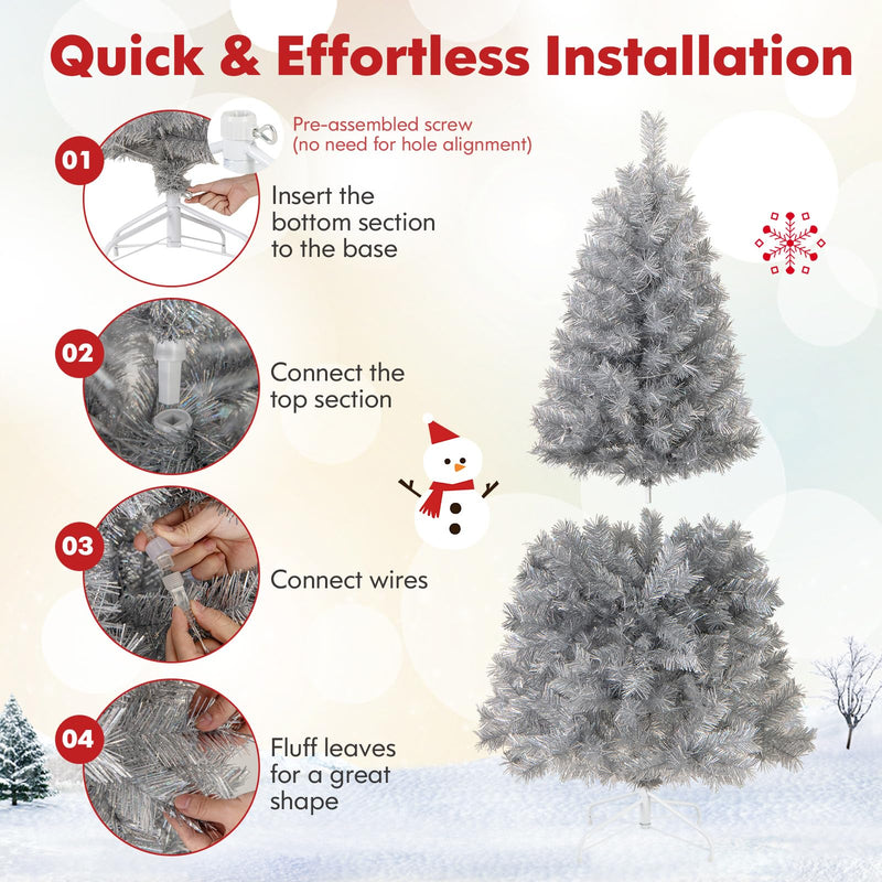 Load image into Gallery viewer, Goplus 5ft / 6ft / 7 ft Pre-Lit Silver Tinsel Christmas Tree with Warm White LED Lights

