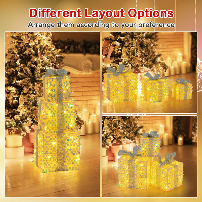 Load image into Gallery viewer, Goplus 3 Pieces Christmas Lighted Gift Boxes ( Laser Fish Scale )

